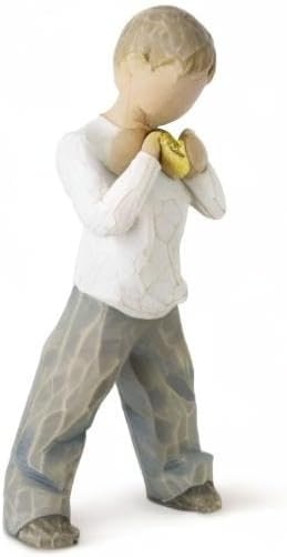 image:imageWillow Tree Heart of Gold Sculpted HandPainted Figure Holds GoldLeaf Heart to Chest Cream Shirt and Blue Jeans Love and Sympathy Gift Cast from a Susan Lordi Original Carving
