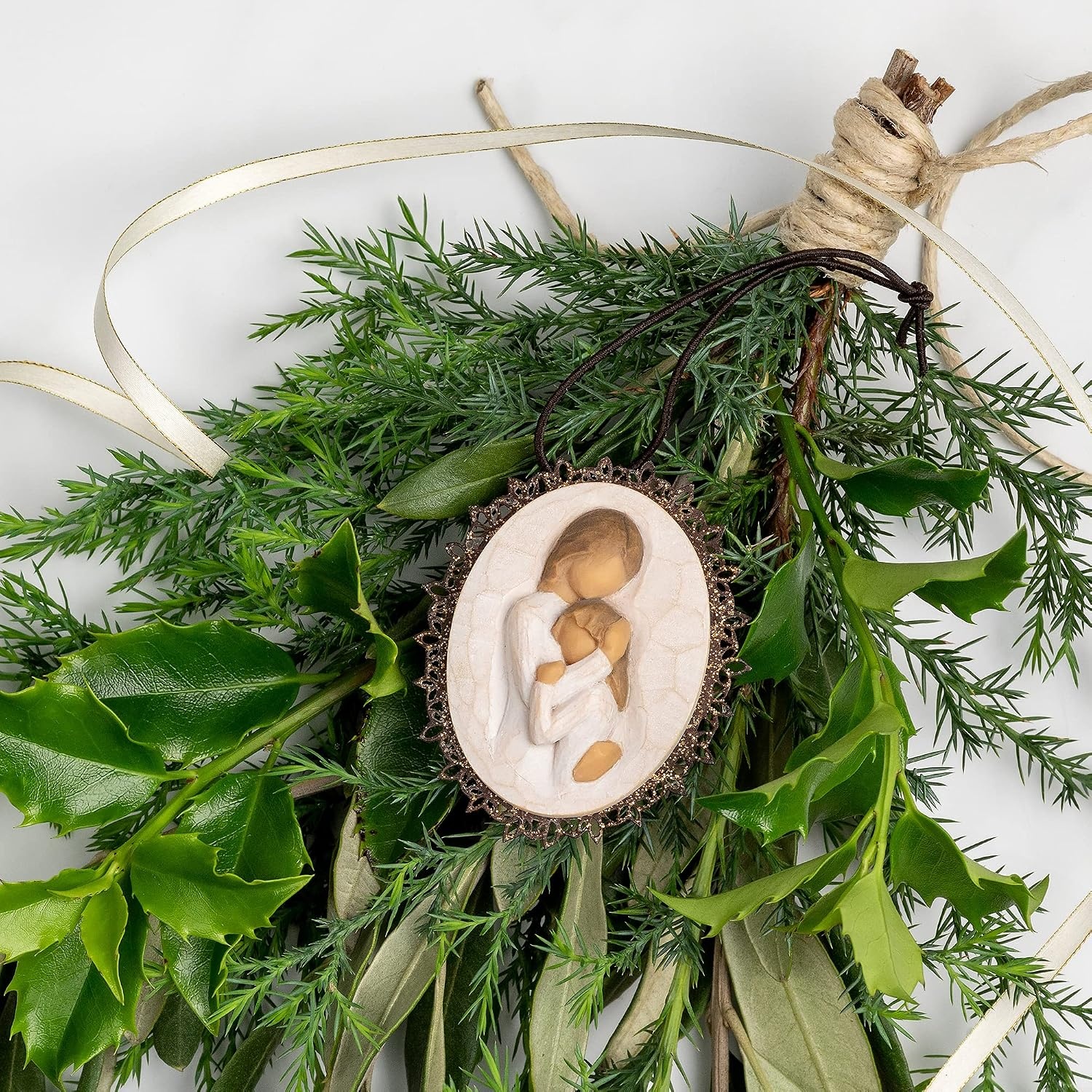 image:imageWillow Tree Remembrance MetalEdged Ornament HandPainted Bas Relief BasRelief Figure Holding Rosemary Rust Filigree Edge Cast from a Susan Lordi Original Carving Ready to HangClose to Me