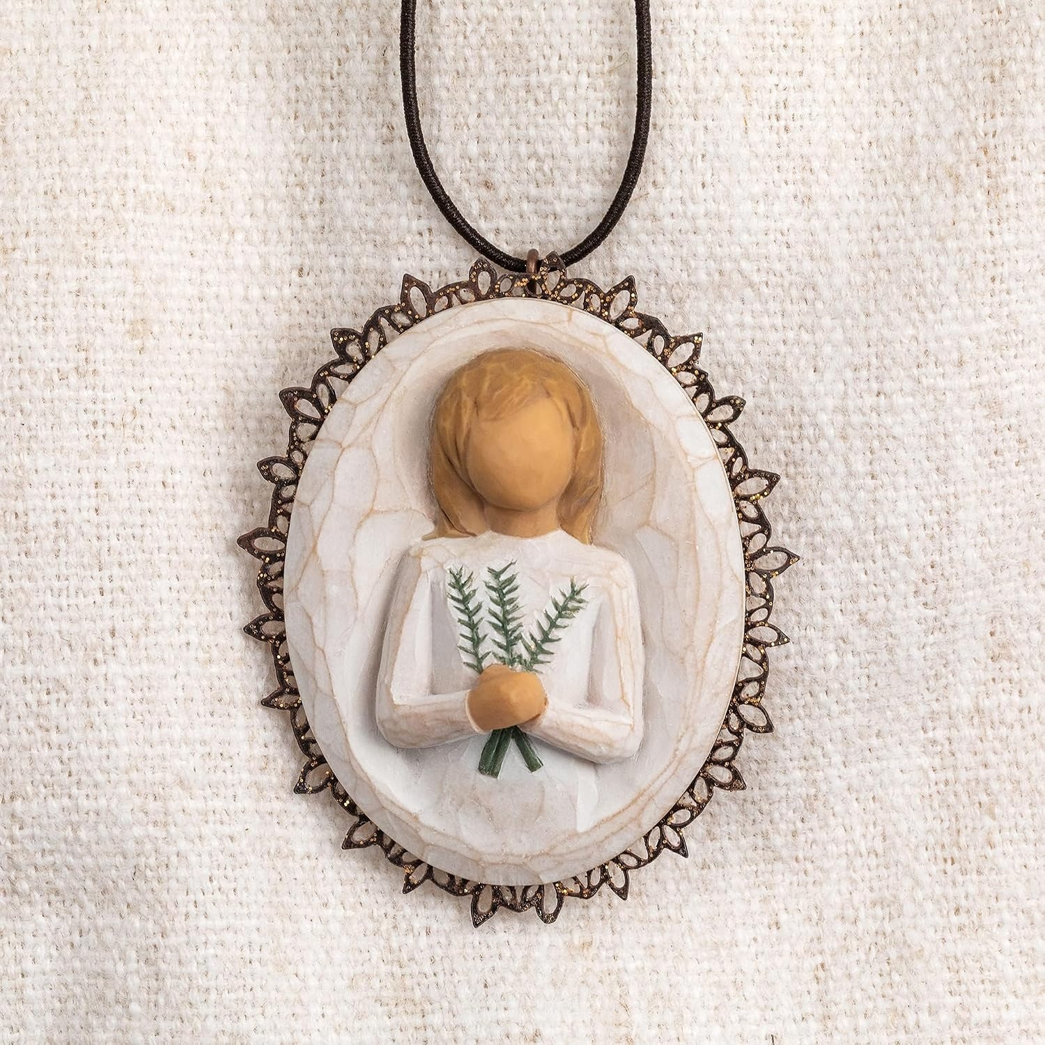 image:imageWillow Tree Remembrance MetalEdged Ornament HandPainted Bas Relief BasRelief Figure Holding Rosemary Rust Filigree Edge Cast from a Susan Lordi Original Carving Ready to HangRemembrance