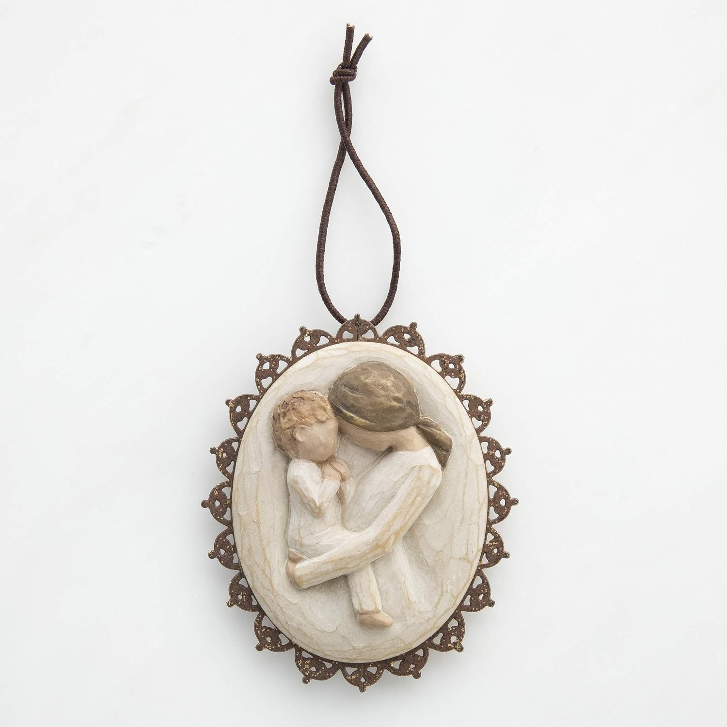 image:imageWillow Tree Remembrance MetalEdged Ornament HandPainted Bas Relief BasRelief Figure Holding Rosemary Rust Filigree Edge Cast from a Susan Lordi Original Carving Ready to HangTenderness