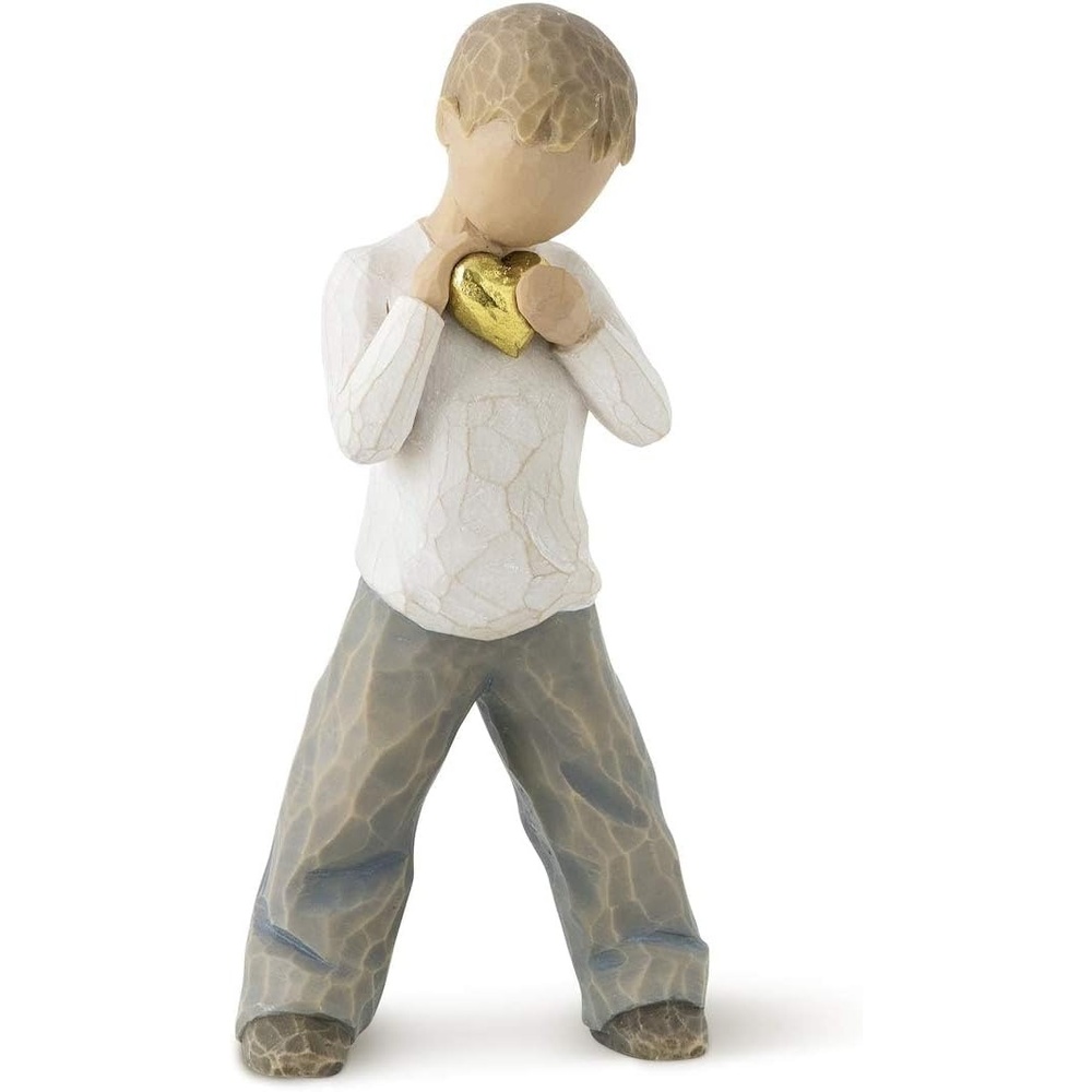 image:imageWillow Tree Heart of Gold Sculpted HandPainted Figure Holds GoldLeaf Heart to Chest Cream Shirt and Blue Jeans Love and Sympathy Gift Cast from a Susan Lordi Original Carving