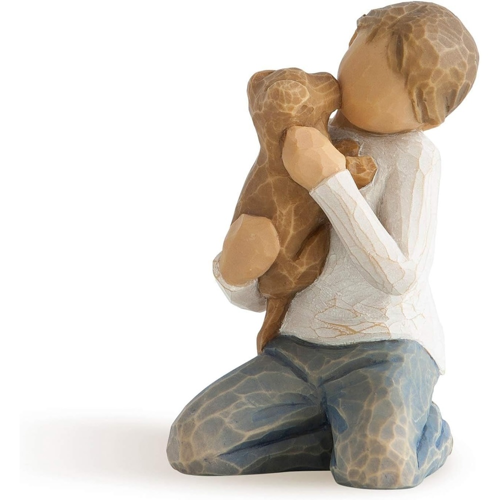 image:imageWillow Tree Kindness boy Above All Kindness Boy in Blue Jeans Holding Dog Works Well in Groupings That Reflect Family Relationships Pet Owners Animal Lovers Sculpted HandPainted Figure