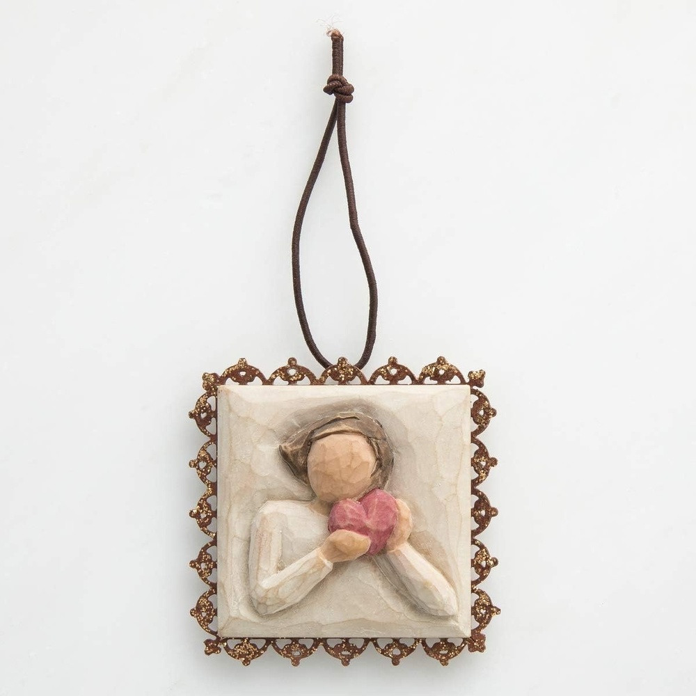 image:imageWillow Tree Remembrance MetalEdged Ornament HandPainted Bas Relief BasRelief Figure Holding Rosemary Rust Filigree Edge Cast from a Susan Lordi Original Carving Ready to HangFrom the Heart