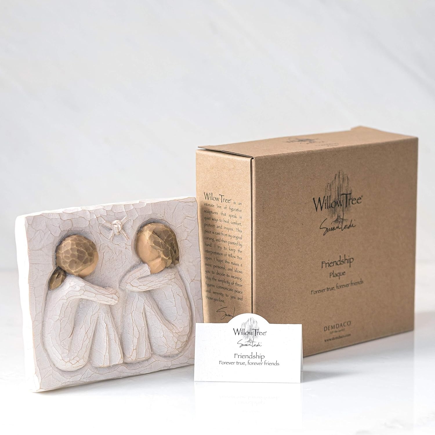 image:imageWillow Tree Friendship Forever True Forever Friends an Expression of Friendship and Sisterhood in Carved BasRelief Sculpted HandPainted Plaque Sentiment on Enclosure Card Keyhole Hanger for Wall Display Cast from a Susan Lordi Original CarvingNatural