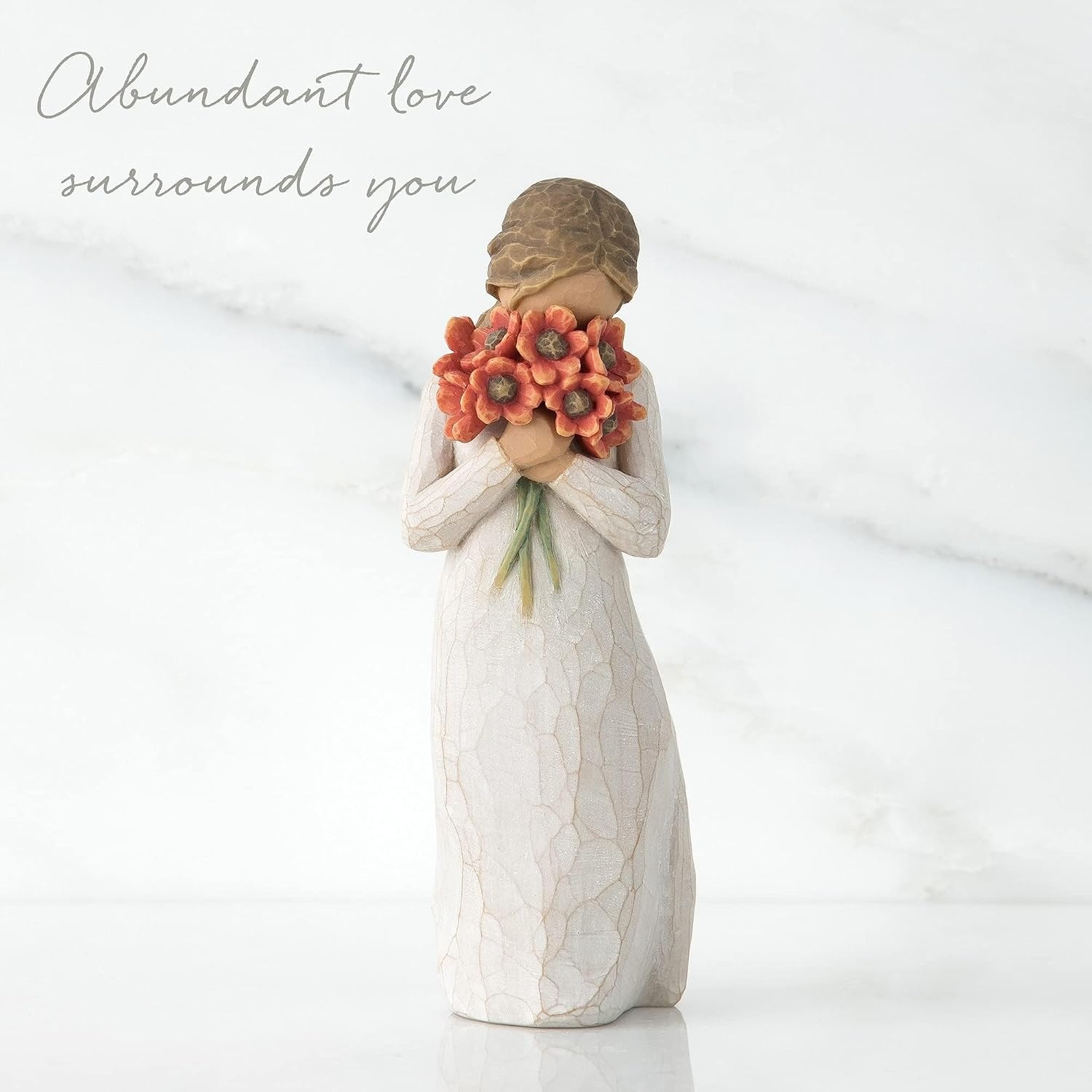 image:imageWillow Tree Surrounded by Love Sculpted HandPainted Figure Cast from a Susan Lordi Original Carving Gift Expressing Love and Caring Includes Enclosure Card Display on MantelRedorange Flowers