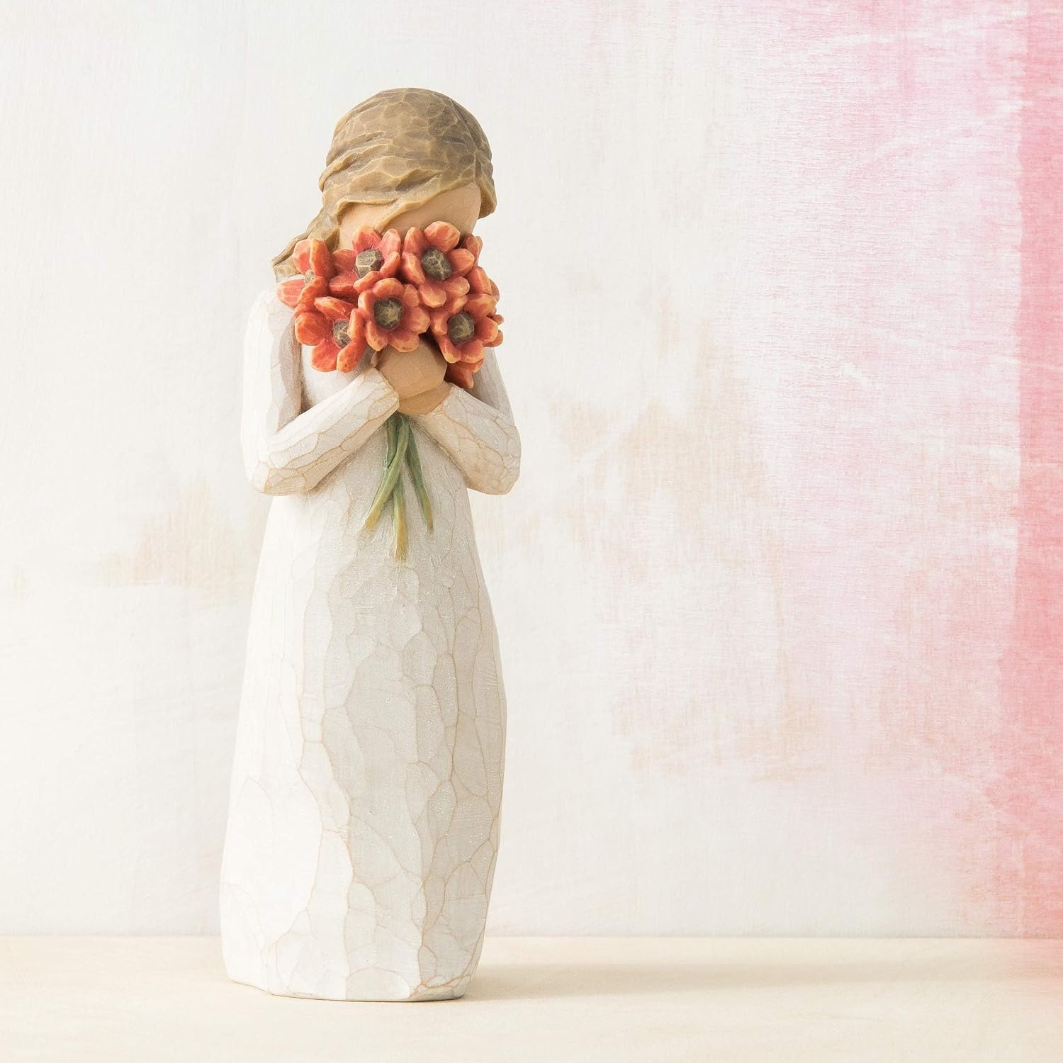 image:imageWillow Tree Surrounded by Love Sculpted HandPainted Figure Cast from a Susan Lordi Original Carving Gift Expressing Love and Caring Includes Enclosure Card Display on MantelRedorange Flowers